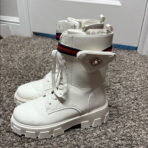 White Chunky Lace-Up Boots with Red and Black Stripe